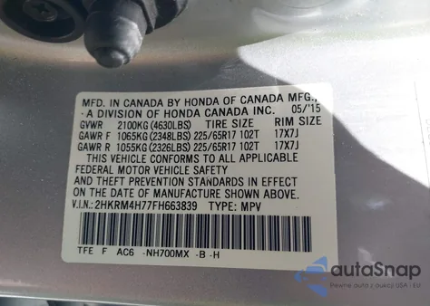 2015 Honda Cr-V Ex-L z USA, uszkodzony, nr VIN 2HKRM4H77FH663839